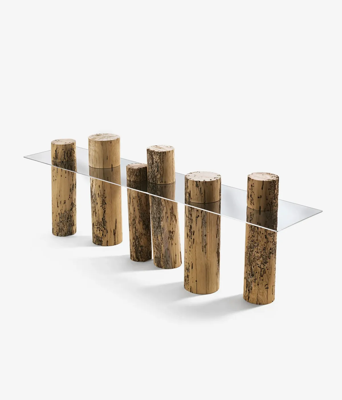 Console table with briccola wood base and glass top Venice