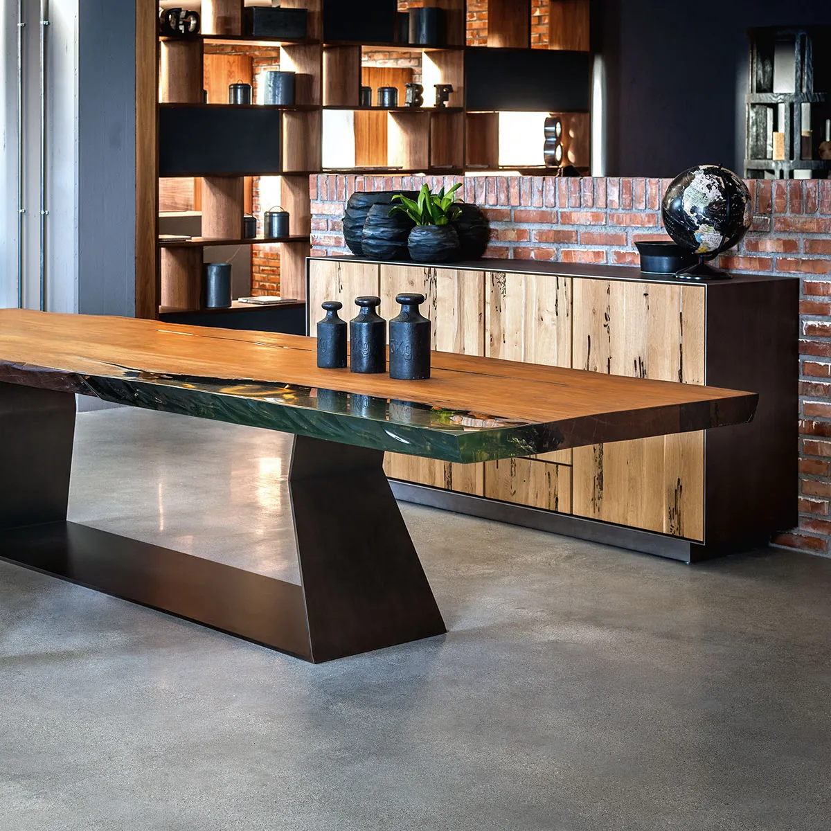 Table with a solid Kauri wood top and iron base